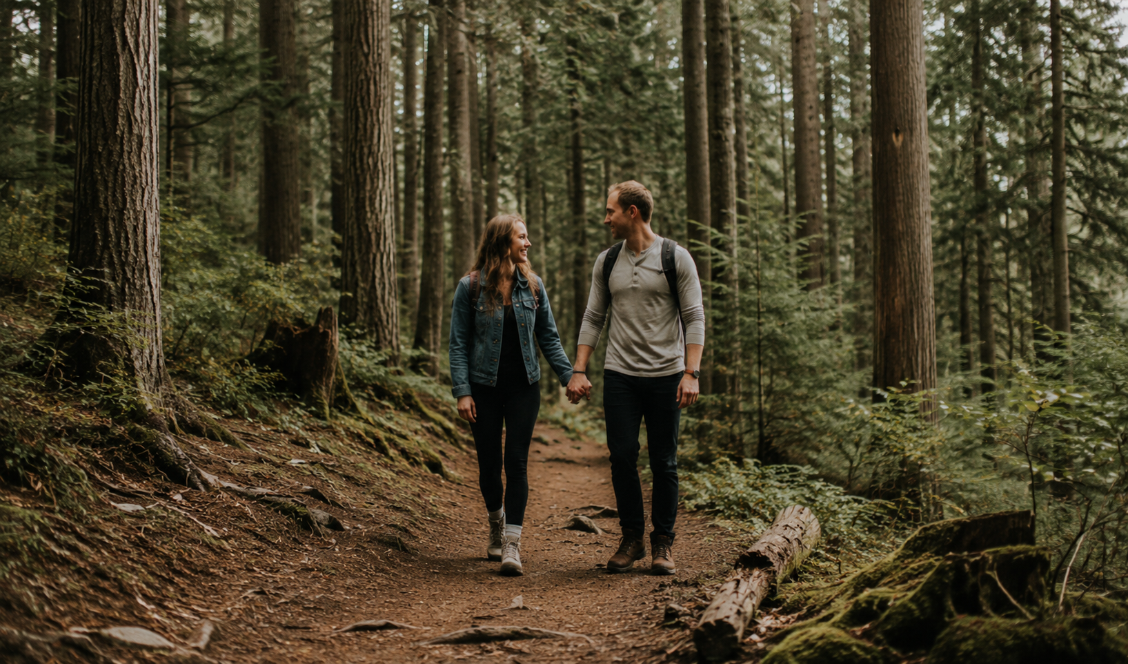 Couple hiking hand in hand through a forest trail