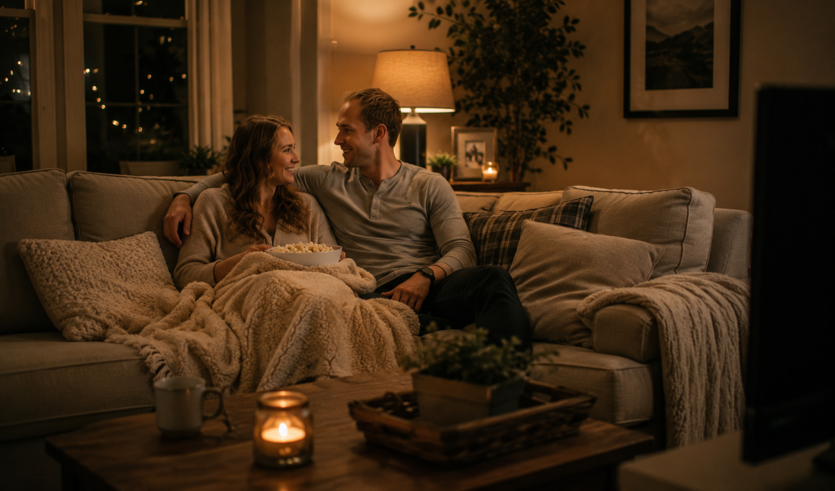Couple relaxing together on a couch at home