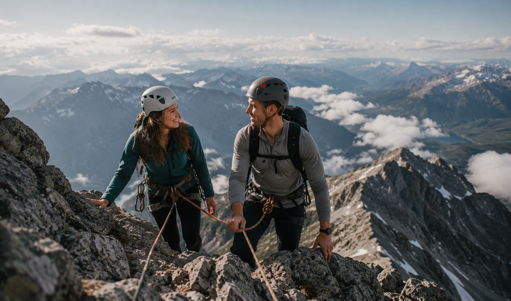 Couple climbing a mountain ridge together
