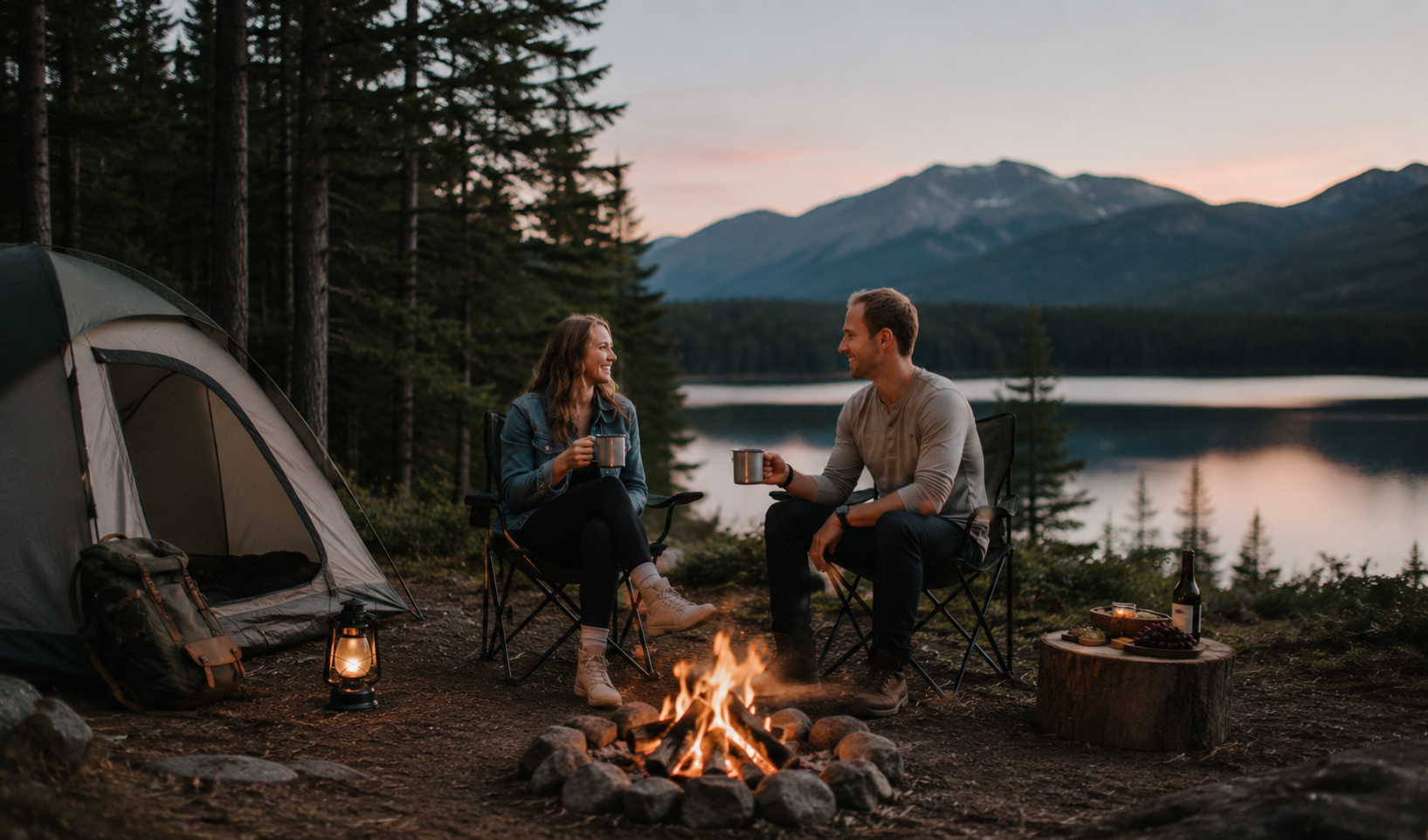 Couple relaxing beside a lakeside campfire at dusk